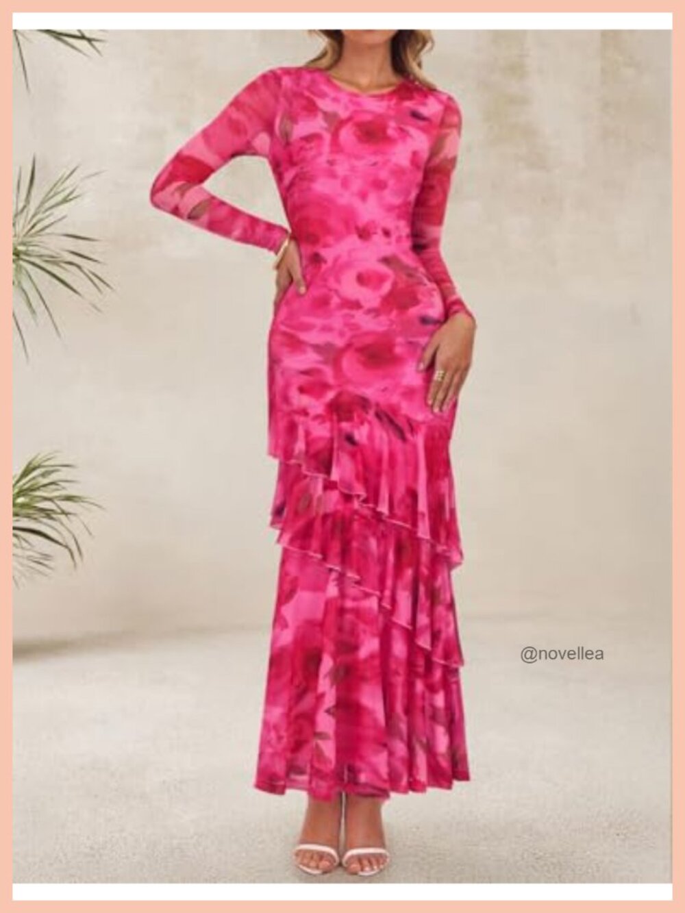 Women's Floral Mesh Mermaid Maxi Dress Long Sleeve Formal Wedding Guest Bodycon - Picture 3 of 6
